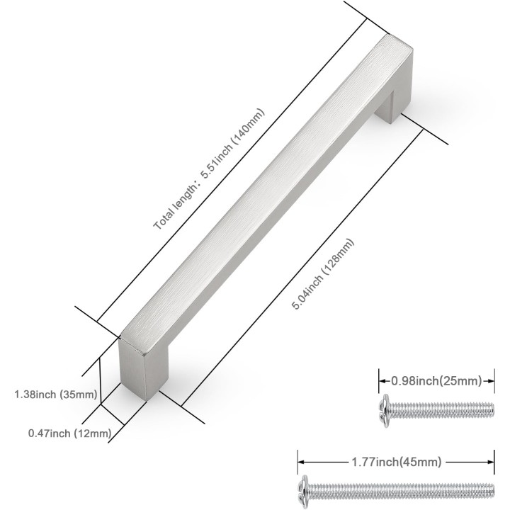 50 Pack Hole Centers 5 inch 128mm Kitchen Cabinet Handles,Brushed Satin Nickel Square Kitchen Cabinet Pulls,Stainless Steel Dresser Drawer Pull Handles