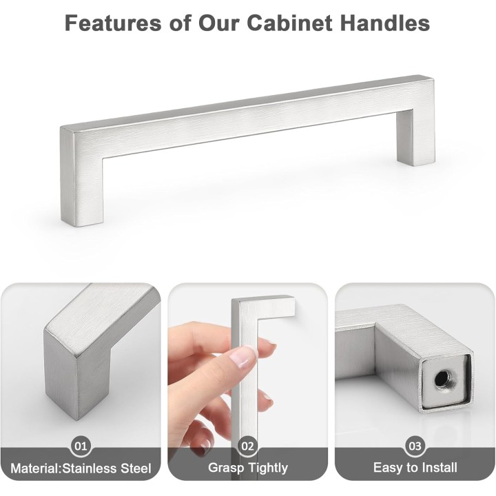 50 Pack Hole Centers 5 inch 128mm Kitchen Cabinet Handles,Brushed Satin Nickel Square Kitchen Cabinet Pulls,Stainless Steel Dresser Drawer Pull Handles
