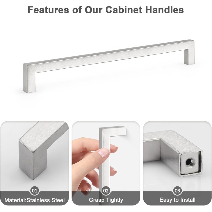 50 Pack Hole Centers 10 inch 256mm Square Kitchen Cabinet Handles,Brushed Satin Nickel Kitchen Cabinet Pulls,Stainless Steel Dresser Drawer Handles