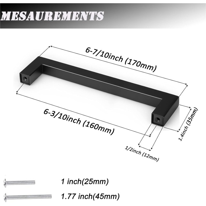 50 Pack Black Square Kitchen Cabinet Pulls,Hole Centers 6.25inch Stainless Steel Cabinet Handles,Square Corner Bar Black Dresser Drawer Pull Handles