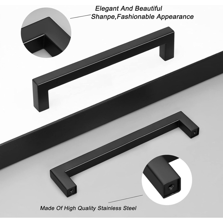 50 Pack Black Square Kitchen Cabinet Pulls,Hole Centers 6.25inch Stainless Steel Cabinet Handles,Square Corner Bar Black Dresser Drawer Pull Handles