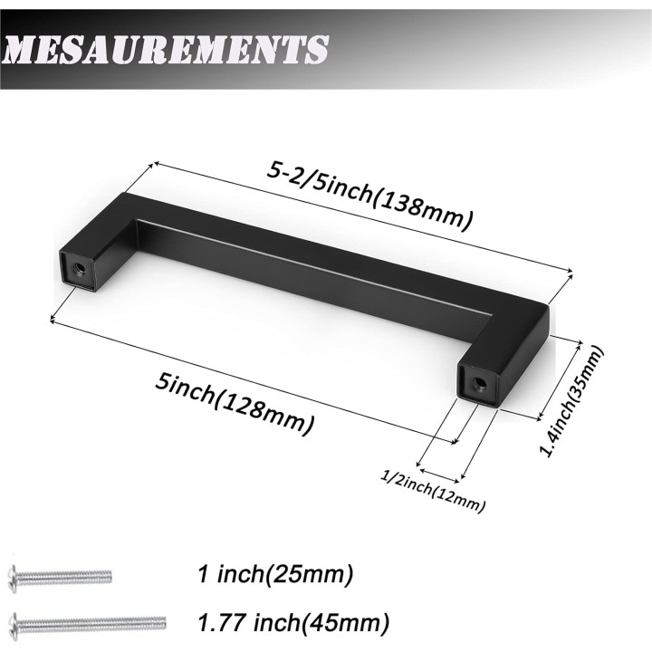 50 Pack Square Black Kitchen Cabinet Pulls,Stainless Steel 5inch Hole Centers Black Cabinet Handles,Square Corner Bar Black Dresser Drawer Pull Handles
