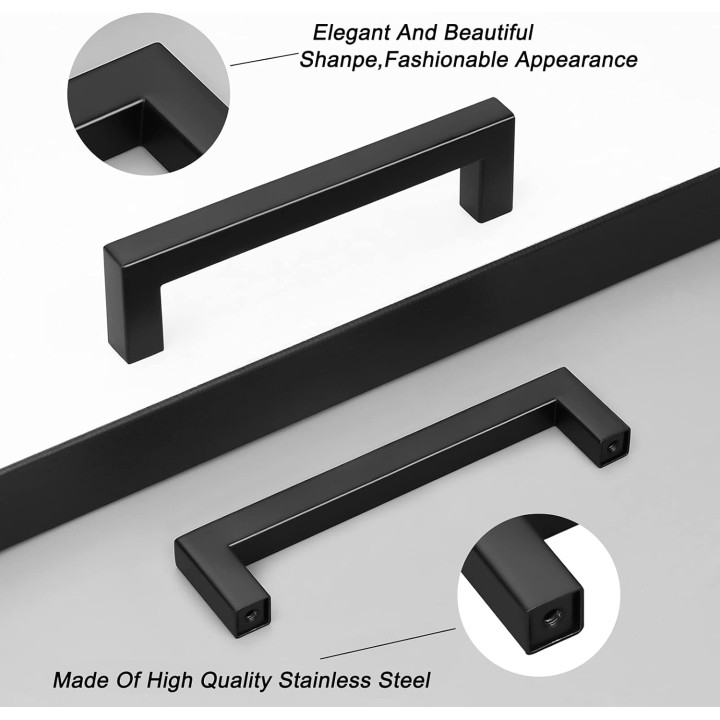 50 Pack Square Black Kitchen Cabinet Pulls,Stainless Steel 5inch Hole Centers Black Cabinet Handles,Square Corner Bar Black Dresser Drawer Pull Handles