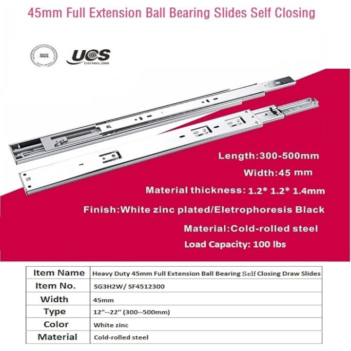 20-Inch Full Extension Ball Bearing Slides Drawer Slides Telescopic Slider for Cabinet, 100LB Capacity (15 Pairs)