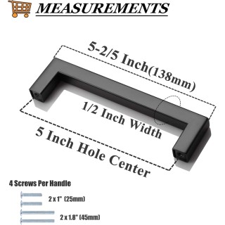 (50 Pack Stainless Steel Flat Black Cabinet Handles 5 Inch(128mm) Hole Center Kitchen Drawer Pulls Stainless Steel Modern Square Hardware