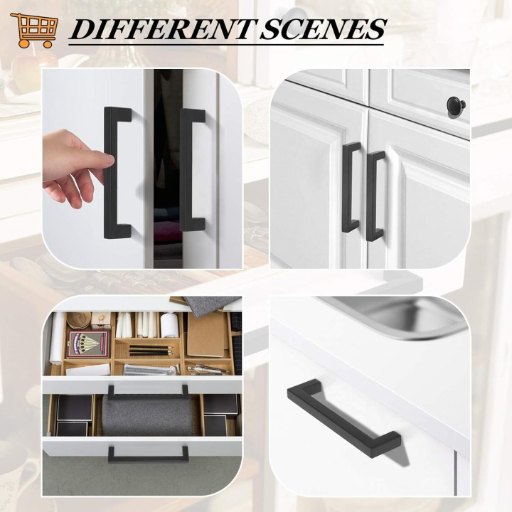 (50 Pack Stainless Steel Flat Black Cabinet Handles 5 Inch(128mm) Hole Center Kitchen Drawer Pulls Stainless Steel Modern Square Hardware