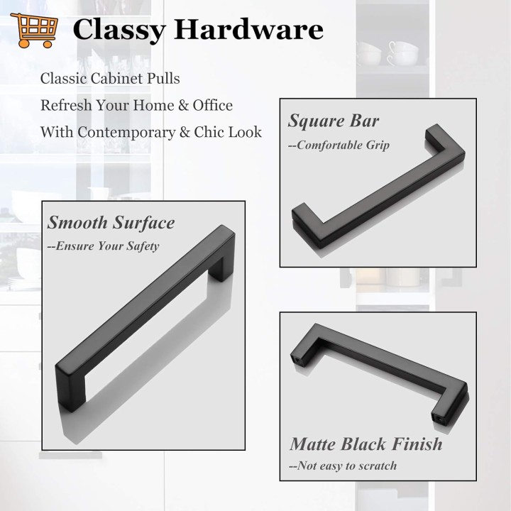 (50 Pack Stainless Steel Flat Black Cabinet Handles 5 Inch(128mm) Hole Center Kitchen Drawer Pulls Stainless Steel Modern Square Hardware