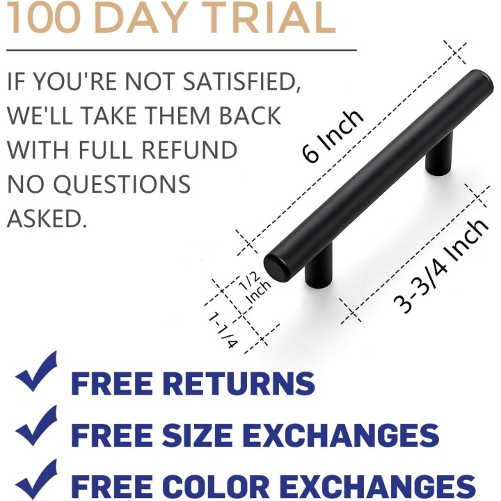 Cabinet Pulls Matte Black Stainless Steel Kitchen Cupboard Handles Cabinet Handles 6”Length, 3.75” Hole Center 10-Pack