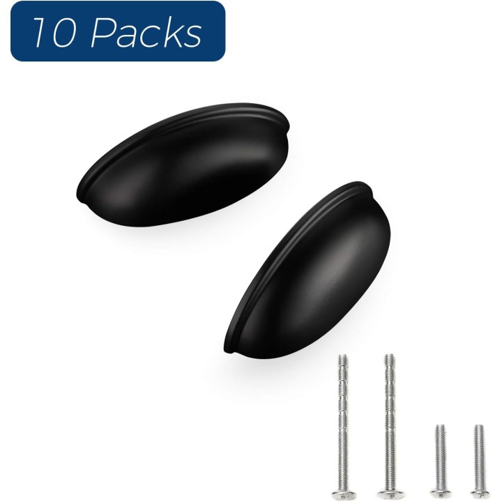 10 Pack 3" Drawer Pulls Flat Black Cabinet Cup Pulls Kitchen Hardware Cabinet Handles Drawer Handles Knobs 3 inch Hole Center