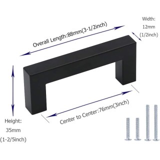 50PCS Black Kitchen Cabinet Handles Modern Pulls for Cabinets J12BK76 Flat Black Cabinet Pulls 3 Inch(76mm) Hole Spacing Square Bar Drawer Pulls 5 Inch Overall Length