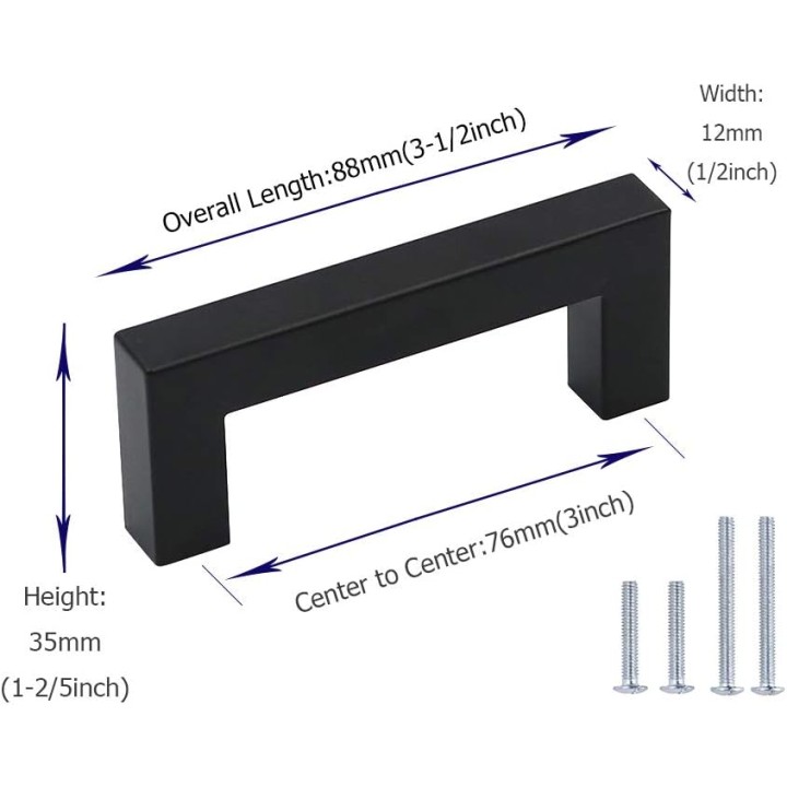 50PCS Black Kitchen Cabinet Handles Modern Pulls for Cabinets J12BK76 Flat Black Cabinet Pulls 3 Inch(76mm) Hole Spacing Square Bar Drawer Pulls 5 Inch Overall Length