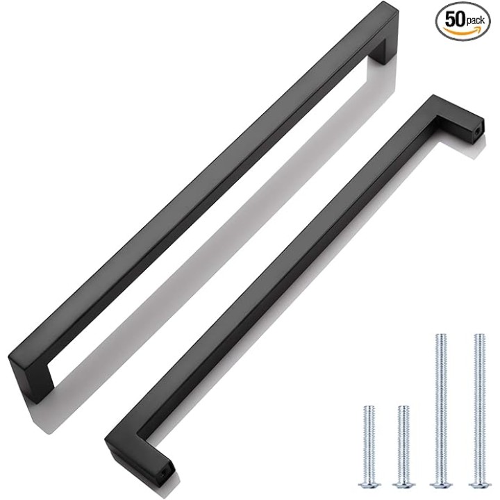 50 Pack Black Square Dresser Drawer Pulls Stainless Steel Modern Kitchen Cabinet Handles Bathroom Cabinet Handles, Center to Center 10"