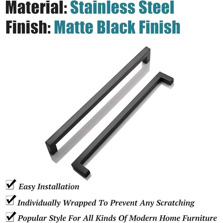 50 Pack Black Square Dresser Drawer Pulls Stainless Steel Modern Kitchen Cabinet Handles Bathroom Cabinet Handles, Center to Center 10"