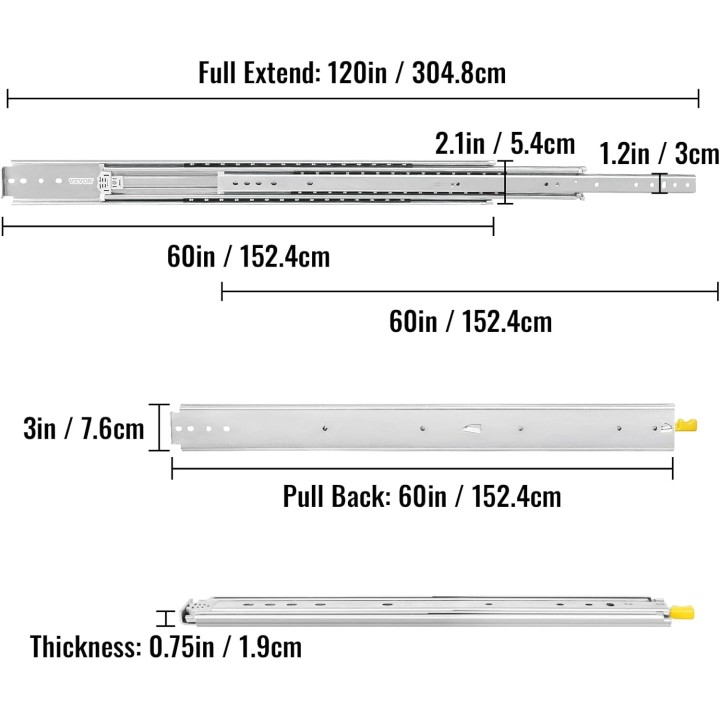 Drawer Slides, 1 Pair 60inch Locking Drawer Slides, 500lbs Load Capacity, Side Mount Ball Bearing Drawer Glides, Long Full Extension Drawer Slide