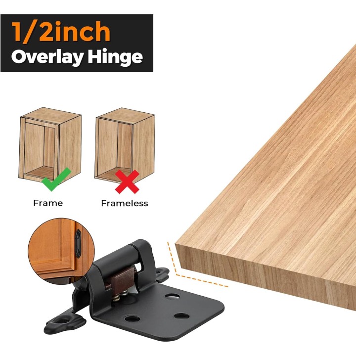 60 Pack 30 Pairs 1/2'' Overlay Cabinet Hinges Black Semi-Concealed Cupboard Hinges Face Mount Cabinet Hardware Self-Closing Cabinet Hinges Decorative Kitchen Cabinet Hinges with Door Bumpers