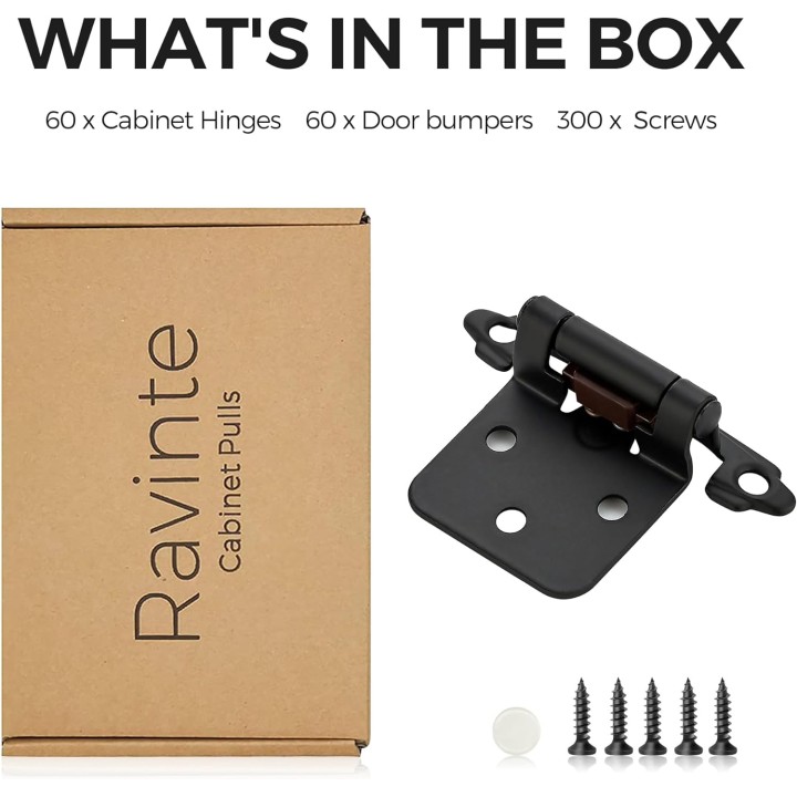 60 Pack 30 Pairs 1/2'' Overlay Cabinet Hinges Black Semi-Concealed Cupboard Hinges Face Mount Cabinet Hardware Self-Closing Cabinet Hinges Decorative Kitchen Cabinet Hinges with Door Bumpers