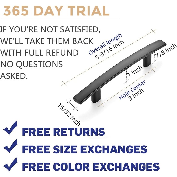 30 Pack | 5-3/16'' Curved Cabinet Pulls Matte Black Kitchen Drawer Pulls Arch Cabinet Handles 5-3/16”Length, 3” Hole Center