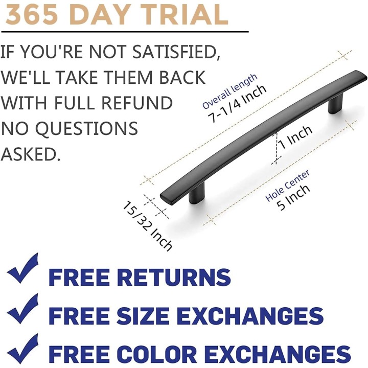 50 Pack | 7-1/4'' Curved Cabinet Pulls Matte Black Kitchen Drawer Pulls Arch Cabinet Handles 7.25”Length, 5” Hole Center