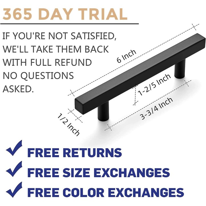 30 Pack 6'' Square Cabinet Pulls Matte Black Stainless Steel Kitchen Drawer Pulls Cabinet Handles 6”Length, 3-3/4” Hole Center