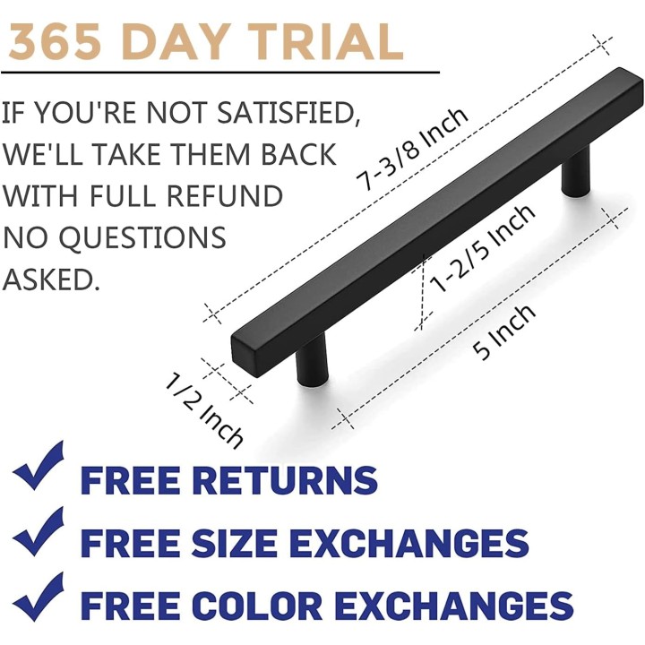 60 Pack 7.38'' Square Cabinet Pulls Matte Black Stainless Steel Kitchen Drawer Pulls Cabinet Handles 7-3/8”Length,5” Hole Center