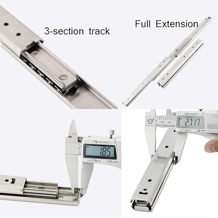 Drawer Slides 10 Inch Full Extension 3-Section Track Rail Ball Bearing Side Mount Cabinet Drawer Stainless Steel Slide Runners Hardware (1 Pair)