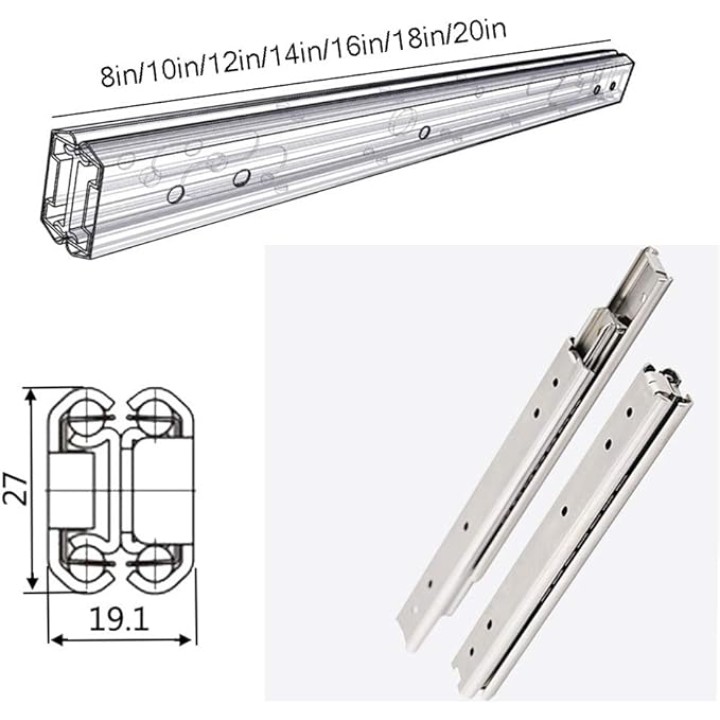 Drawer Slides 10 Inch Full Extension 3-Section Track Rail Ball Bearing Side Mount Cabinet Drawer Stainless Steel Slide Runners Hardware (1 Pair)