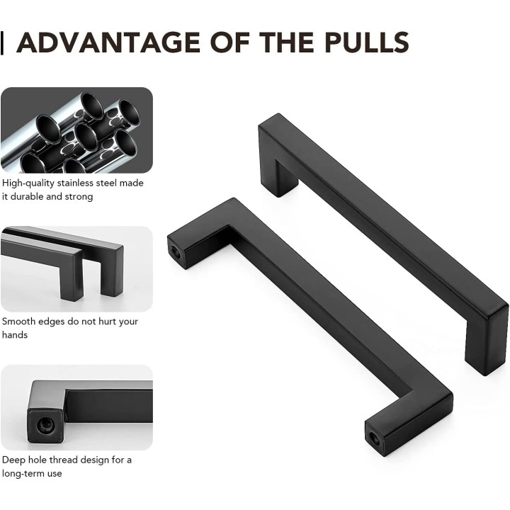 Black Cabinet Pulls 30 Pack 5 Inch Square Kitchen Cabinet Handles Modern Hardware for Kitchen Cabinets Cupboard with Drill Mounting Template