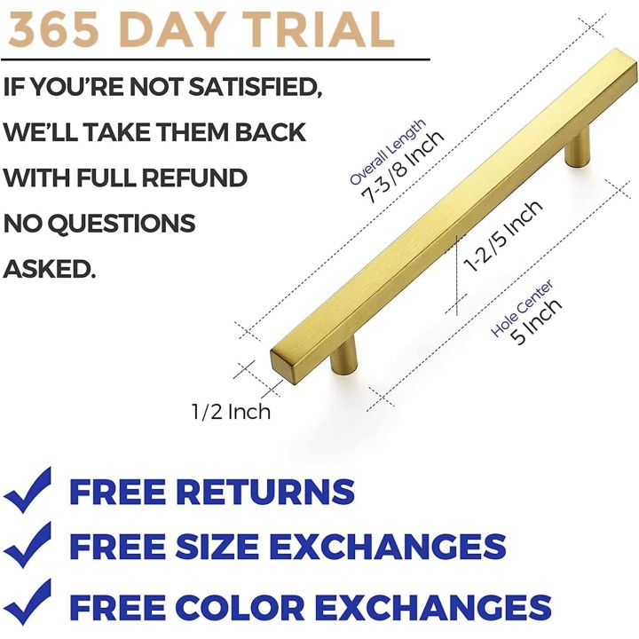 35 Pack 7.38 Inch Square Cabinet Pulls Brushed Brass Stainless Steel Kitchen Drawer Pulls Cabinet Handles 7-3/8”Length,5” Hole Center