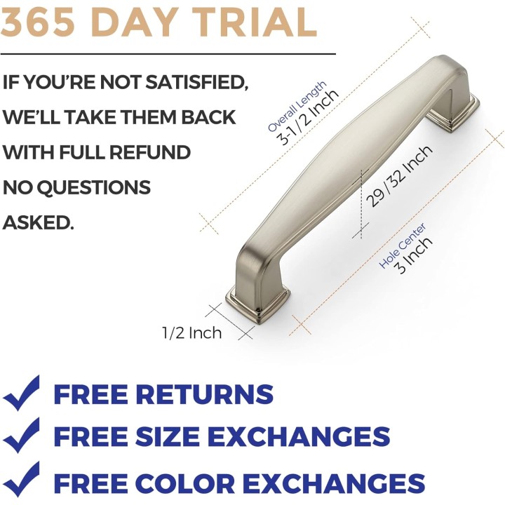 30 Pack Solid 3 Inch Kitchen Cabinet Handles Brushed Nickel Cabinet Pulls Satin Nickel Drawer Pulls Kitchen Cabinet Hardware Kitchen Handles for Cabinets Cupboard Handles Drawer Handles