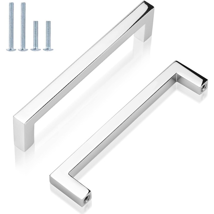 50 Pack Solid Cabinet Pulls Polished Chrome Square Cabinet Handles 5 Inch Hole Centers, Modern Drawer Pulls Kitchen Pull Handles