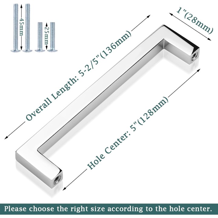 50 Pack Solid Cabinet Pulls Polished Chrome Square Cabinet Handles 5 Inch Hole Centers, Modern Drawer Pulls Kitchen Pull Handles