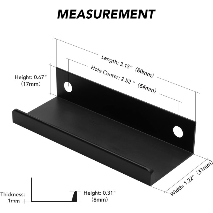 6 Pack Finger Pulls for Cabinets 80mm/3.15" Length Black Edge Pulls Matte Black Finger Cabinet Pulls Concealed Handles for Kitchen Drawer Finger Edge Pull Tab Handle