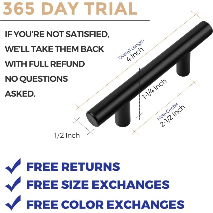 5 Pack | 4'' Cabinet Pulls Matte Black Stainless Steel Kitchen Drawer Pulls Cabinet Handles 4”Length, 2.5” Hole Center with Mounting Template