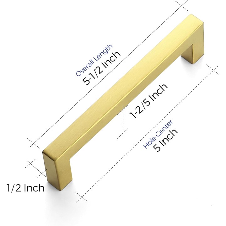 30 Pack 5 Inch Square Cabinet Handles Brushed Brass Kitchen Pulls for Cabinets Stainless Steel Kitchen Hardware Cabinet Pulls 5" Hole Center