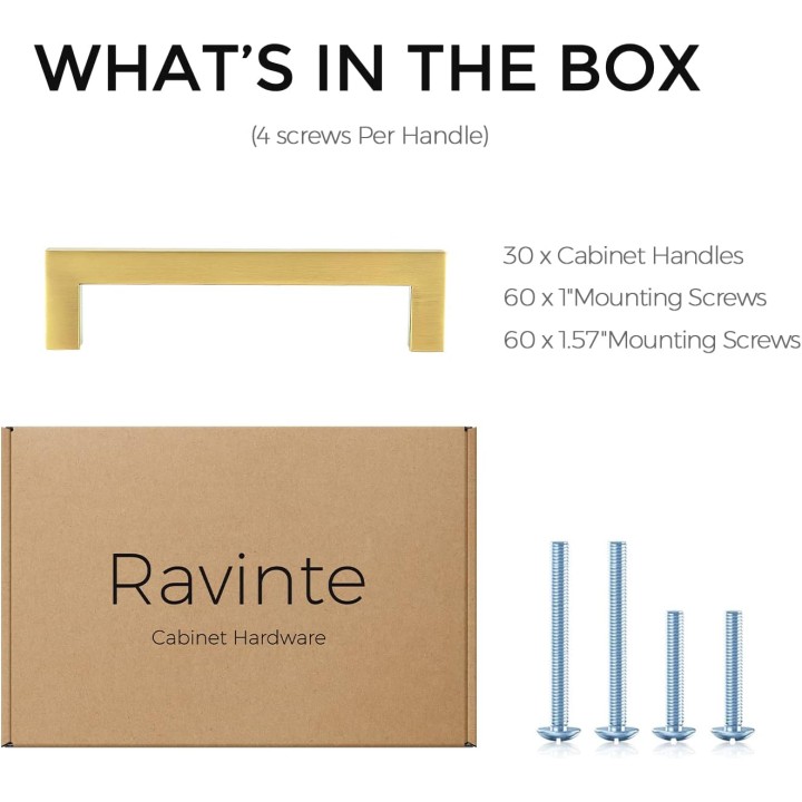 30 Pack 5 Inch Square Cabinet Handles Brushed Brass Kitchen Pulls for Cabinets Stainless Steel Kitchen Hardware Cabinet Pulls 5" Hole Center