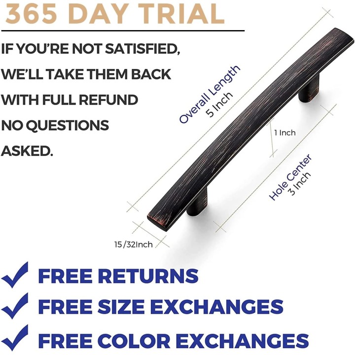5-3/16 Inch Curved Cabinet Pulls Oil Rubbed Bronze Kitchen Arch Cupboard Handles Zinc Alloy Cabinet Pulls 5-3/16" Length,3" Hole Center | 5 Pack
