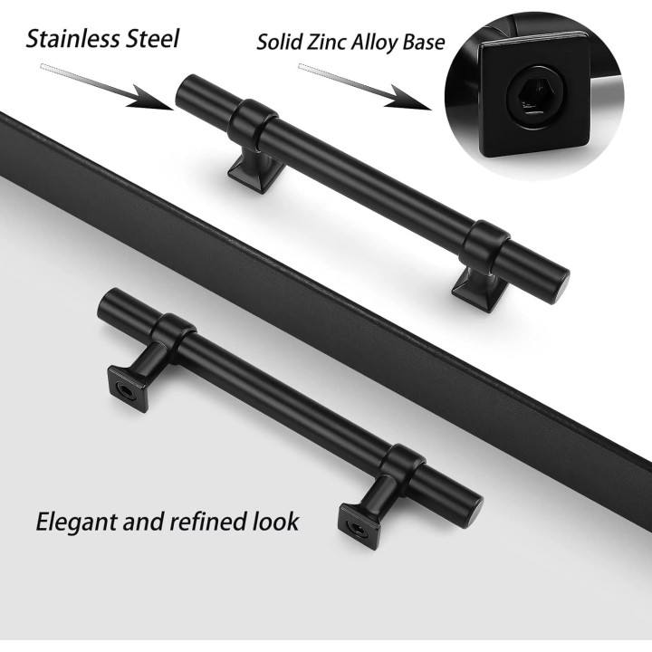 50 Pack Matte Black Cabinet Pulls, 3.5 inch Cabinet Handles for Kitchen Bathroom, Black Stainless Steel T Bar Drawer Pulls for Drawer Dresser