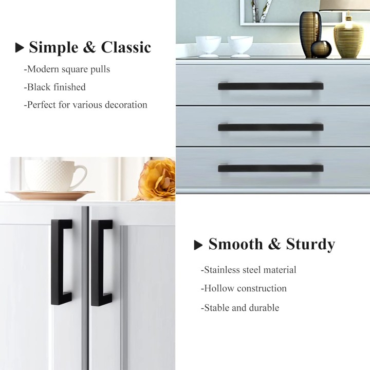 50 Pack 6-3/10" Hole Centers Cabinet Pulls Black Drawer Handles - Kitchen Cabinet Handles Modern Suqare Bar Pulls Stainless Steel Cabinet Hardware for Dresser Bathroom Bedroom Laundry