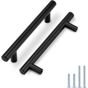 (100 Pack 5" Hole Centers Black Cabinet Pulls, Modern T Bar Kitchen Cabinet Hardware Stainless Steel Handles for Cupboard Wardrobe Dresser