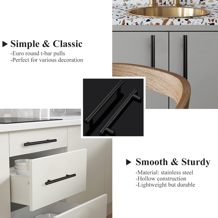 (100 Pack 5" Hole Centers Black Cabinet Pulls, Modern T Bar Kitchen Cabinet Hardware Stainless Steel Handles for Cupboard Wardrobe Dresser
