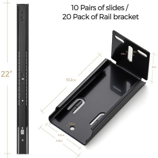 10 Pairs 20 Pack Black 22 Inch Full Extension Ball Bearing Drawer Slides & 10 Pairs - 20 Pack Black Rear Drawer Slide Metal Mounting Brackets