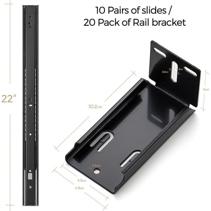 10 Pairs 20 Pack Black 22 Inch Full Extension Ball Bearing Drawer Slides & 10 Pairs - 20 Pack Black Rear Drawer Slide Metal Mounting Brackets