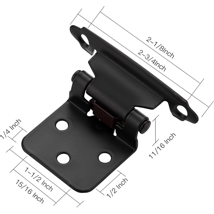 50Pack 25Pairs 1/2inch Overlay Cabinet Door Hinges Kitchen Black Semi-Concealed Hinges Face Mount Cabinet Hardware Self-Closing W/Door Bumpers&Screwdriver