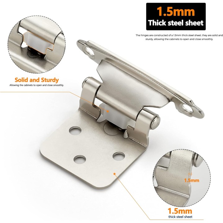 50 Pack 25 Pairs 1/2 inch Overlay Cabinet Door Hinges Kitchen Cabinet Hinges Satin Nickel Semi-Concealed Hinges Face Mount Cabinet Hardware Self-Closing Cabinet Hinges W/Bumpers&Screwdriver