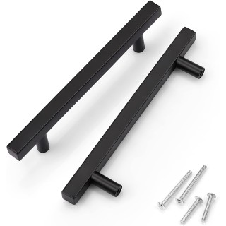 50 Pack 5 inch Cabinet Handles Matte Black, Modern Square Drawer Pulls Stainless Steel Black Pulls for Cupboard Vanity Dresser Drawer