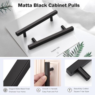 50 Pack 5 inch Cabinet Handles Matte Black, Modern Square Drawer Pulls Stainless Steel Black Pulls for Cupboard Vanity Dresser Drawer