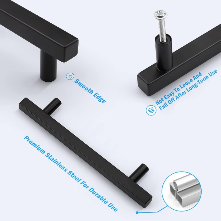 50 Pack 5 inch Cabinet Handles Matte Black, Modern Square Drawer Pulls Stainless Steel Black Pulls for Cupboard Vanity Dresser Drawer