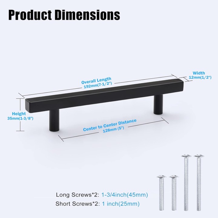 50 Pack 5 inch Cabinet Handles Matte Black, Modern Square Drawer Pulls Stainless Steel Black Pulls for Cupboard Vanity Dresser Drawer