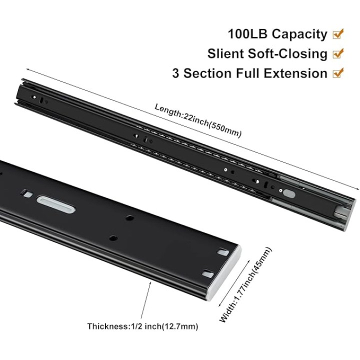 Soft Close Drawer Slides 22 Inch Cabinet Rails Black 10 Pairs Ball Bearing Dresser Glides Heavy Duty Full Extension Kitchen Cabinet Runners 100 LB Capacity