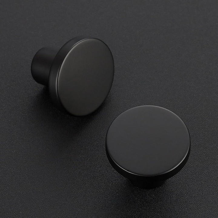 10 Pack Matte Black Cabinet and Drawer Knobs - 1-1/5 Inch Round Pulls for Kitchen, Dressers and Closets